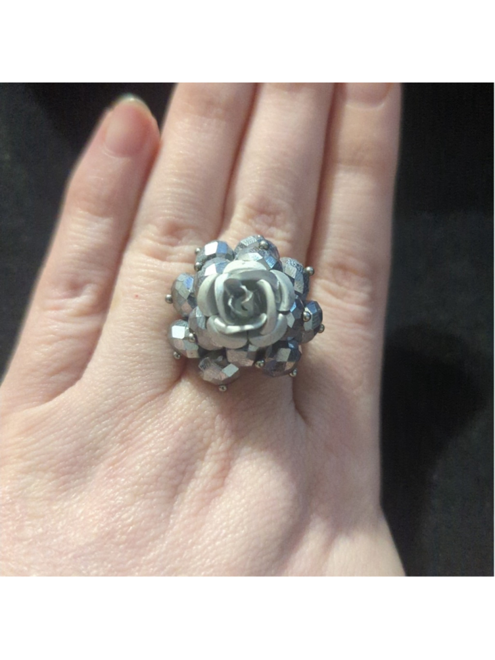 Silver Tone Beaded Crystal Rose Statement Ring - size 8.5
